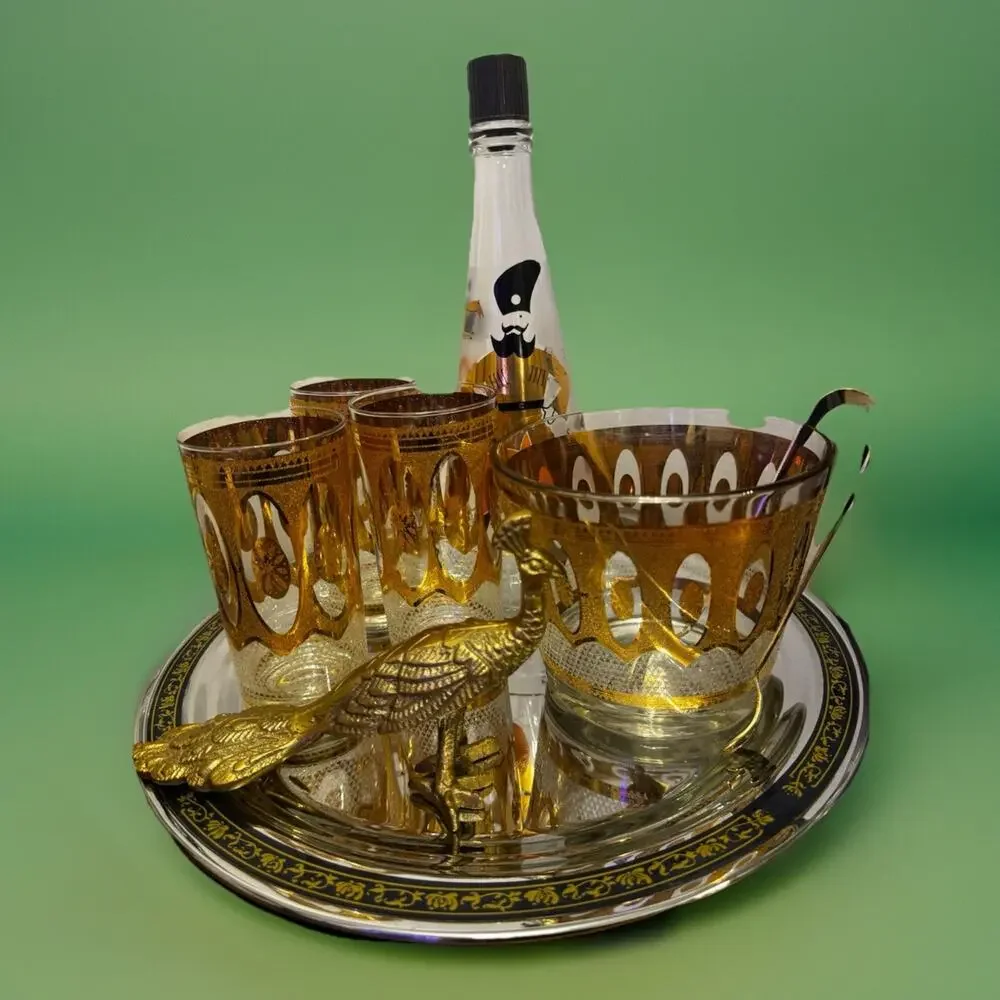 Vintage Gold MCM Libby Bar Set | 3 Glasses | Ice Bucket | Atomic Era | Mad Men